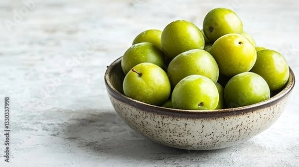 Fototapeta Fresh ripe organic green plums or greengage in bowl on white rustic background, heap of summer fruits concept 