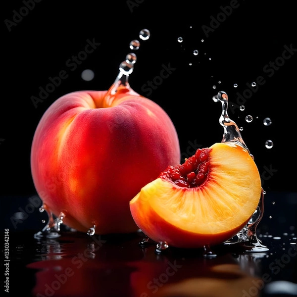 Obraz A ripe peach with splashes of water around it on a reflective surface on a dark background