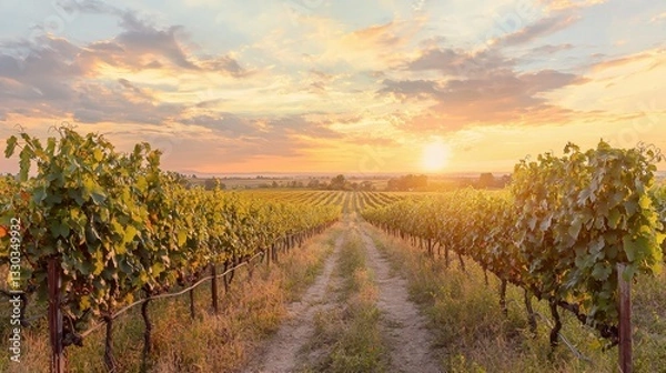 Fototapeta Rows of lush grapevines stretch into the horizon, bathed in warm golden light as the sun sets. The tranquil scene captures the beauty of a vineyard during early evening hours