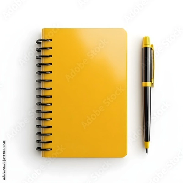 Fototapeta Yellow Spiral Notebook and Gold Pen Mockup for Office Supplies and Stationery Designs