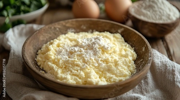 Fototapeta Scrambled eggs with spinach served on a rustic plate in a cozy kitchen setting during breakfast time