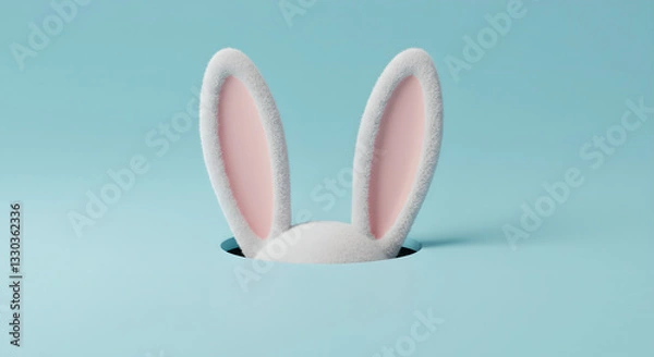 Obraz Funny easter background. Animal ears visible from hole, bunny hiding gesture, congratulatory banner for easter holiday card, surprise with rabbit ear, april decoration