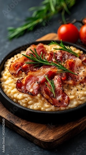Fototapeta Pancetta risotto is presented on black skillet with sprigs of rosemary sitting on a wooden board, with tomatoes against a dark background.