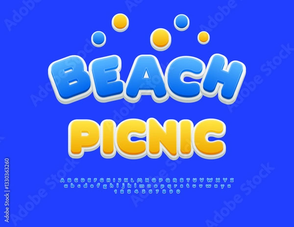 Fototapeta Vector Joyful poster Beach Picnic. Round Blue Font. Modern Cool Alphabet Letters and Numbers set.