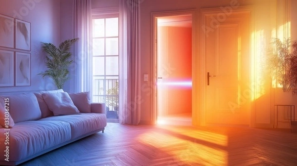 Obraz Sunrise through an open door in a modern living room. Warm light streaming through the doorway, contrasting with cool tones in the room.
