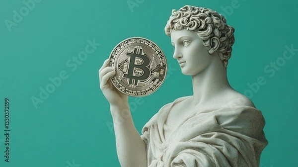 Obraz Marble Statue Holding Cryptocurrency Coin With Green Background