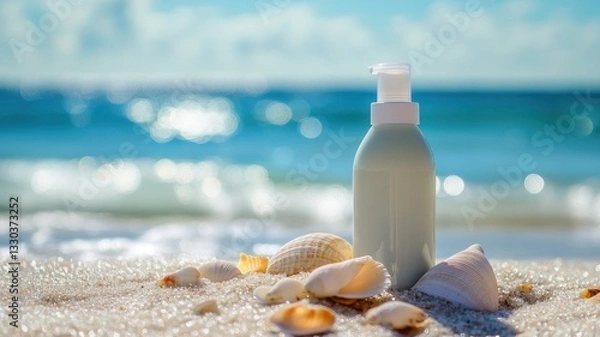 Obraz Relaxing Beach Scene with Skincare Bottle and Seashells at Shore