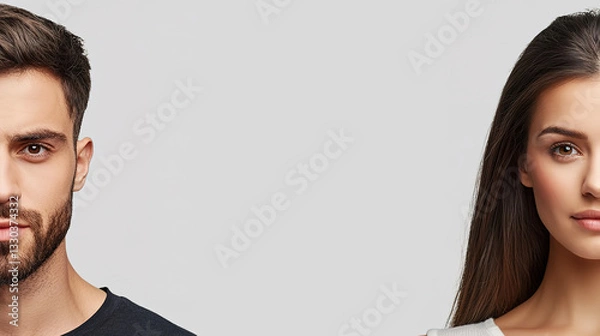 Fototapeta A symmetrical composition of a man and a woman with space for text in the center. The concept highlights balance, beauty, and equality. Generated A