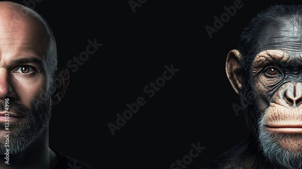 Obraz A split portrait of a chimpanzee and an elderly man symbolizes evolution, with negative space for text. Hyper-realistic style. AI Generated.