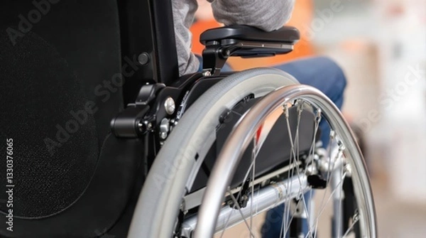 Obraz A detailed close-up view of a modern wheelchair wheel, showcasing its precision engineering with chrome spokes, rubber tire, and sleek metallic rim. The image highlights mobility equipment