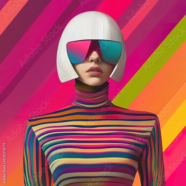 Fototapeta A futuristic figure with a geometric bob hairstyle and vibrant patterns symbolizes digital identity and avant-garde fashion. Abstract pop-art style. AI Generated