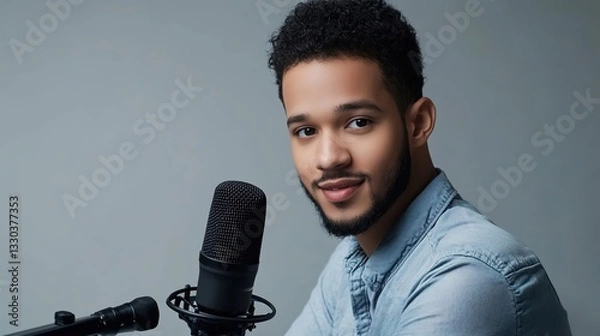 Fototapeta A smiling podcaster sits by a microphone, symbolizing communication and creativity. Professional portrait style with space for text. AI Generated