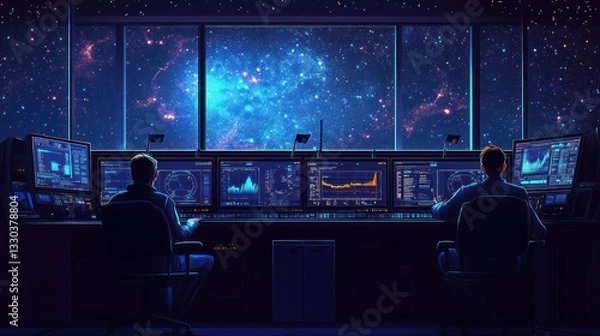 Fototapeta Space station control room view of nebula