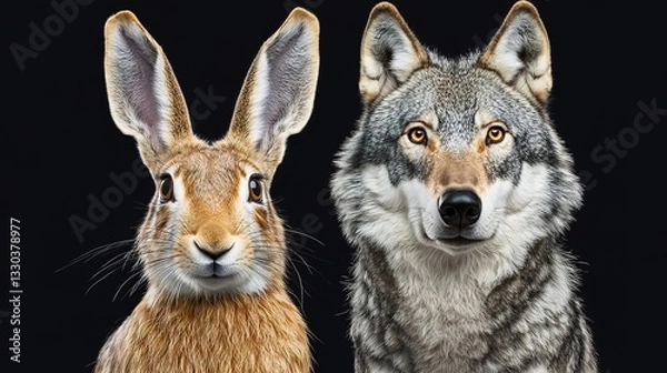 Obraz A hare and a wolf sit side by side, symbolizing predator-prey relationships. AI Generated.