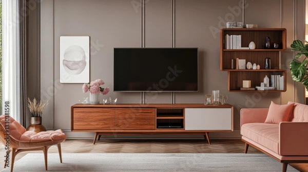 Fototapeta A mid-century modern living room featuring a wooden TV cabinet, a pink sofa on a wooden floor, and a white wall-mounted unit. 3D rendering