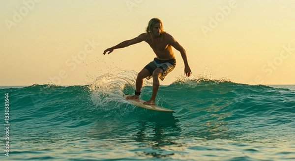 Fototapeta Dynamic and ultra-realistic AI-generated surf scene featuring a surfer riding a powerful wave, ocean spray, golden sunlight, and cinematic motion – high-quality action shot.