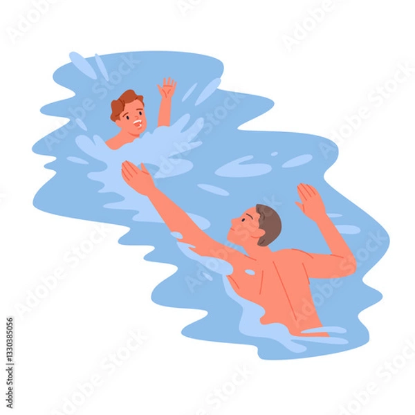 Fototapeta Emergency first aid to drowning kid by professional lifeguard. Young male rescuer swimming to boy screaming in blue sea or ocean water to help, child at risk of drowning cartoon vector illustration