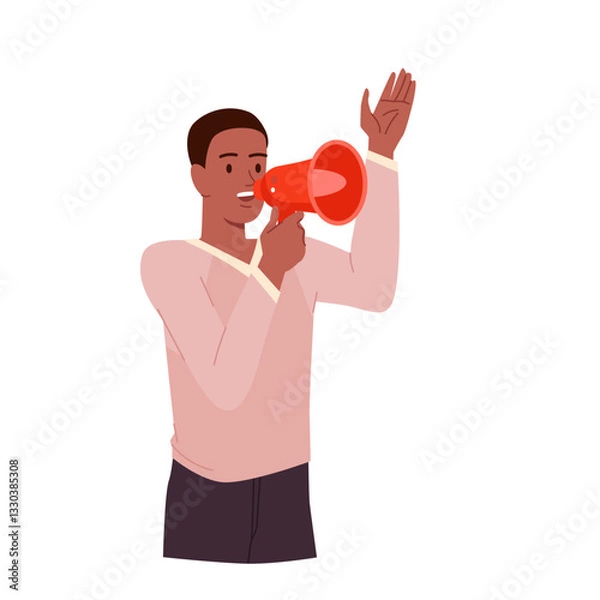 Fototapeta Young man shouting protest messages in loudspeaker, leadership on demonstration. Male activist holding megaphone for public attention to civil movement, motivation cartoon vector illustration