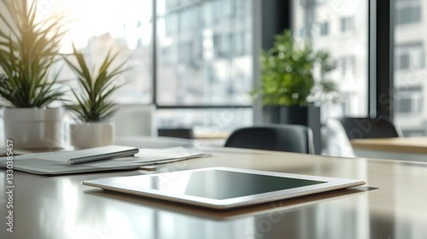 Fototapeta Tablet Mockup Displaying Blank Screen in Modern Living Room Setting with Wooden Table and Lush Greenery for Design Presentation