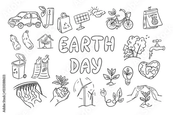 Fototapeta arth Day black and white doodle illustration with eco-friendly symbols like renewable energy, recycling, electric vehicles, and environmental conservation. Vector line art drawings for coloring pages