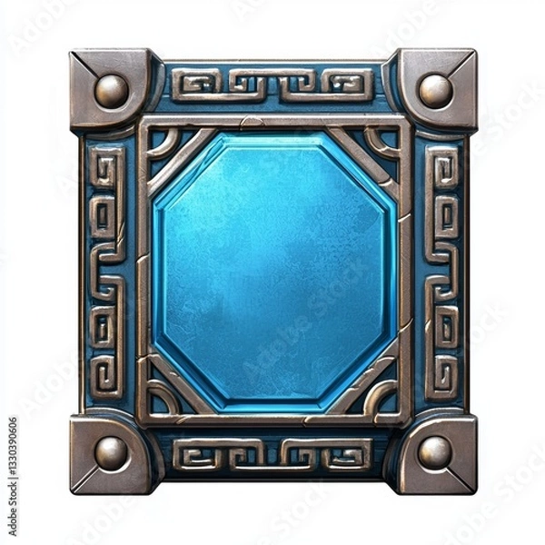 Obraz Ornamental stone panel features a bright blue center, encased in decorated metal with corner spheres on a white background