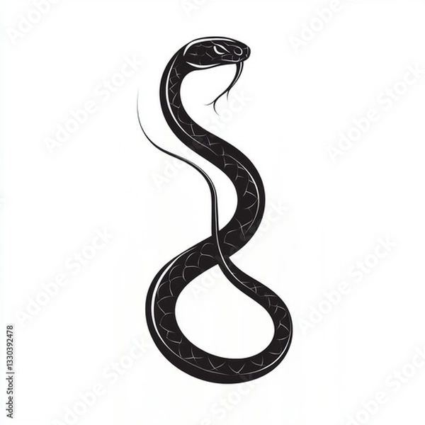 Fototapeta Snake illustration, black serpent with tongue out slithering on a plain white background, graphic design