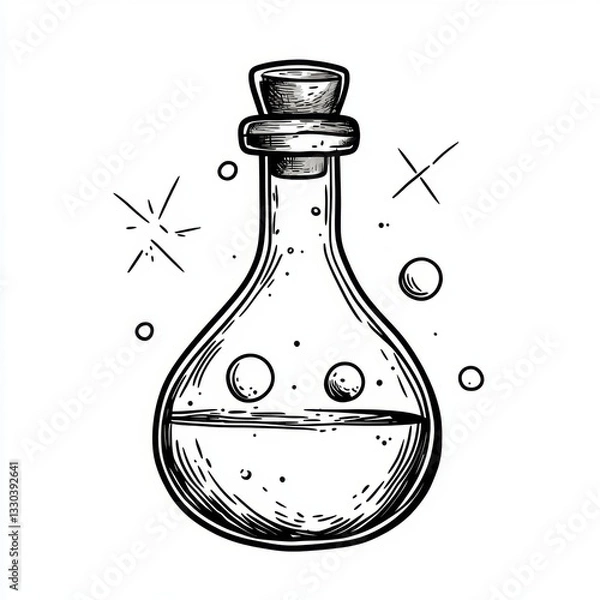 Obraz Potion bottle illustration shows liquid inside glass container with cork, drawn in black and white ink style