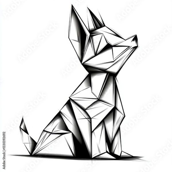 Obraz Dog illustration showing geometric shapes in black and white, depicting a seated animal with pointed ears on a plain background