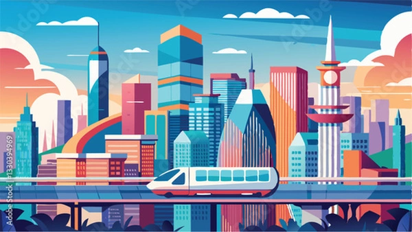 Obraz Modern city skyline features a futuristic train gliding smoothly through urban architecture under a bright blue sky at midday