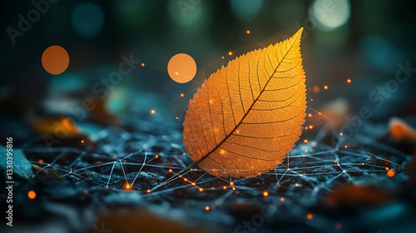 Fototapeta Glowing autumn leaf resting on digital network with illuminated connection points against dark background. Concept of nature technology integration and digital transformation