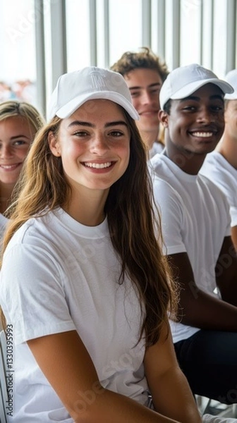 Fototapeta Group of happy diverse volunteers, all wearing matching t-shirts and baseball caps, smiling while sitting together, unity, support, and teamwork concept, community service, Copy space