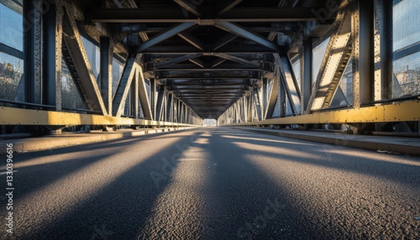 Fototapeta Steel bridge presents a striking view, emphasizing its symmetrical design under the soft light of the early morning