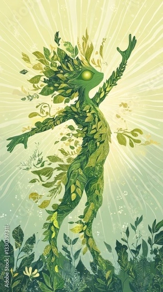 Fototapeta An illustration depicts a green being made entirely of leaves
