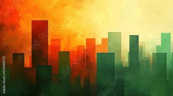 Fototapeta Abstract cityscape with vibrant color gradients. Buildings are depicted with bold, geometric shapes, and blended hues of orange, red, and green.