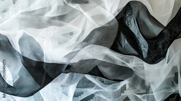 Fototapeta Black and white sheer fabric draped in elegant folds.
