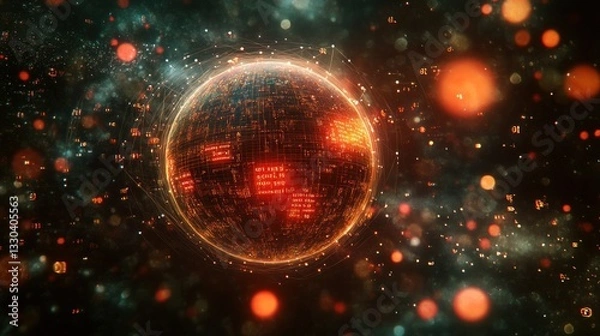 Fototapeta Futuristic sphere, glowing orb, digital planet, abstract technology, cosmic energy, high-tech, space,  glowing,  energy,  light,  red,  orange,  dark,  abstract,  design