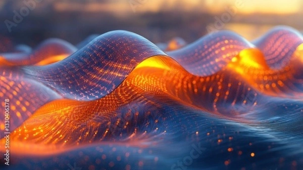 Fototapeta Abstract digital waves of glowing orange and dark blue data flowing across a surface.