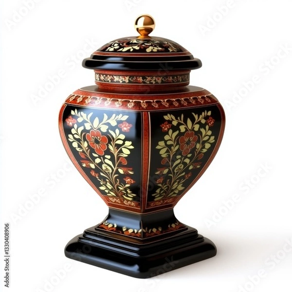 Fototapeta Decorative ceramic urn with floral design on white background