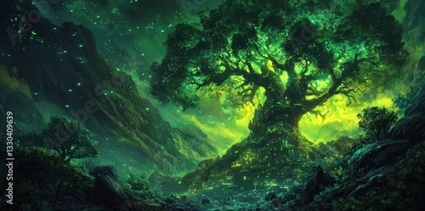 Fototapeta A fantastical glowing tree scene with mountains in the background