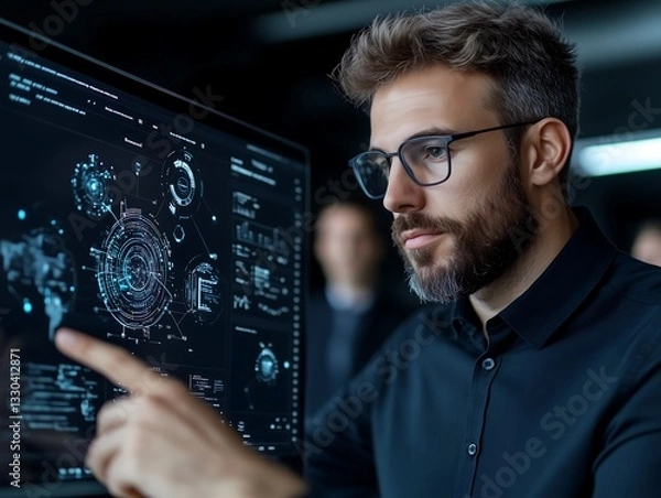 Fototapeta Focused Businessman Interacting with Futuristic AI Interface on Tablet