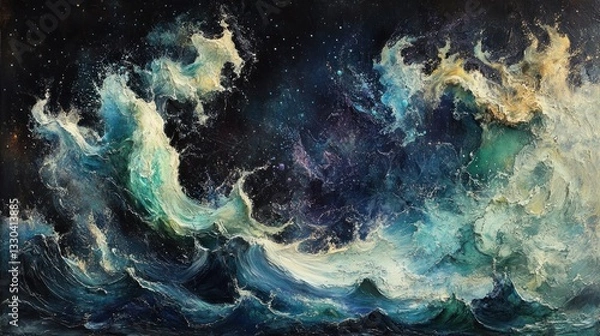 Fototapeta Abstract painting of turbulent waves in a night sky, with swirling colors and stars.