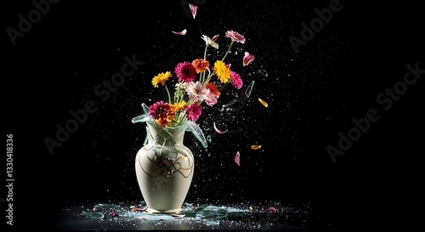 Obraz Flowers Exploding From Shattered Vase with Glass Shards on Black Background