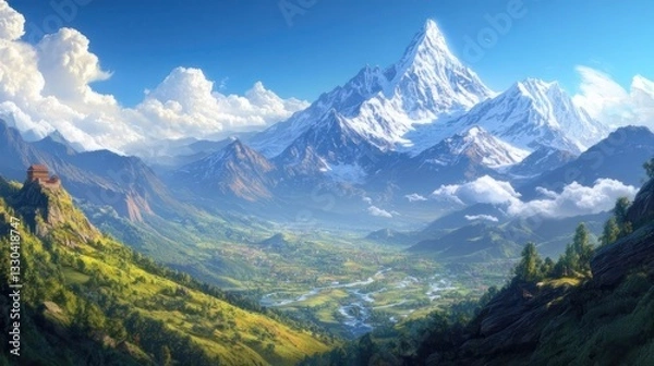 Fototapeta Lush valley nestled amidst snow-capped peaks