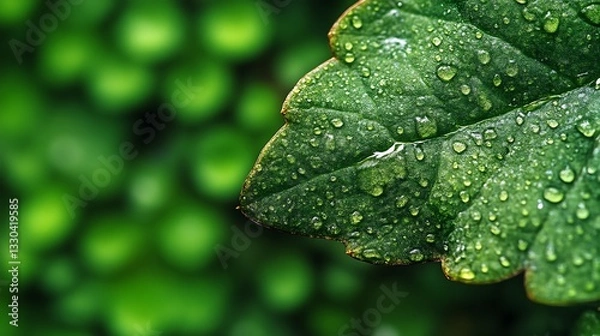 Obraz Green Leaf Covered In Dew Drops Of Water