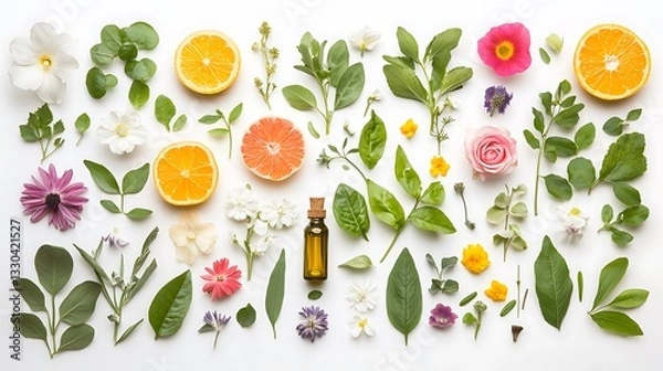 Fototapeta Botanical flat lay with colorful herbs, flowers, and essential oil bottle

