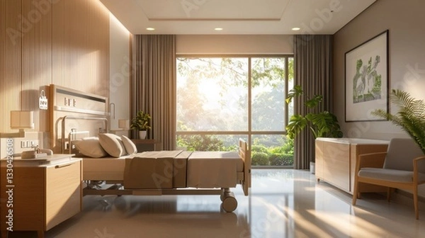 Fototapeta Bright hospital room features a bed, bedside table, and seating area. Sunlight floods through the window, creating a warm, inviting atmosphere with plants visible outside