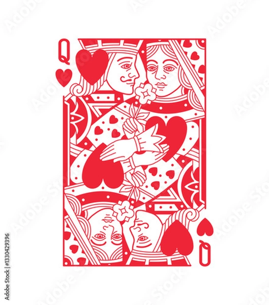 Fototapeta Jack and Queen, men and woman characters, Hearts suit Poker playing card, Design № 2. Vintage classic design, isolated on white, editable stroke line, vector illustration.	