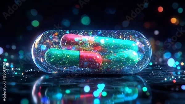 Fototapeta Glowing futuristic pill capsule with liquid and crystals in sci-fi medical concept

