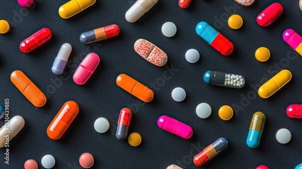 Fototapeta Colorful Pills and Capsules on Dark Background – Top View Medical Concept
