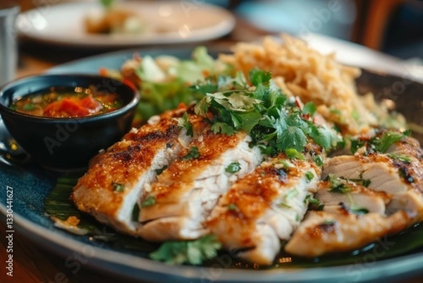 Fototapeta Grilled chicken with vegetables on black plate in rustic setting. Artificial Intelligence image